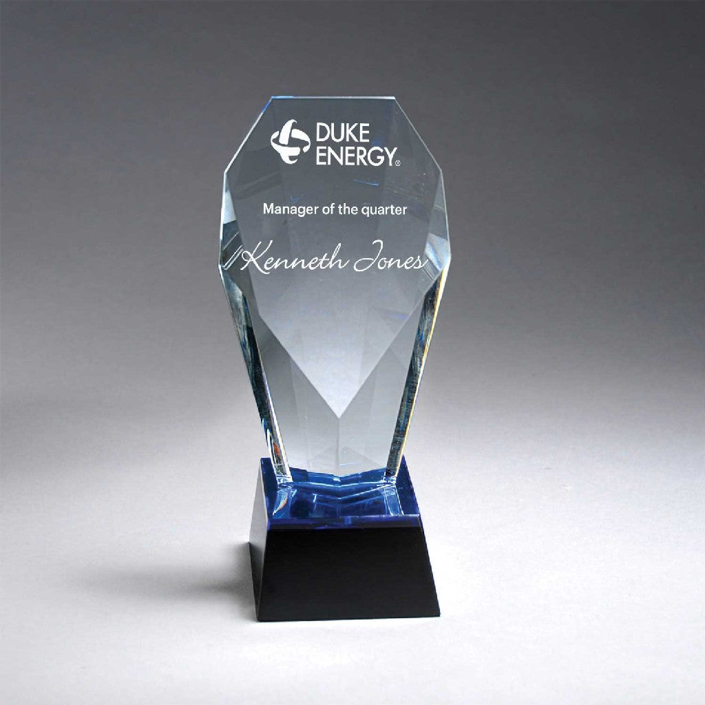 Multi-Faceted Clear Crystal Award with Blue and Black Base