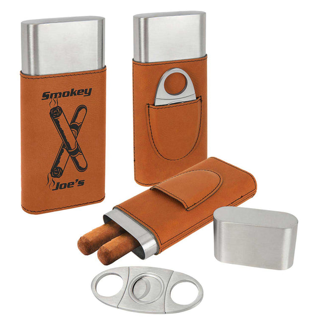 Leatherette Cigar Case with Cutter, Bamboo